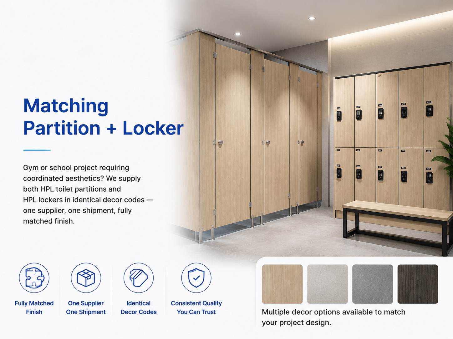 One stop matching HPL toilet partitions and lockers system for commercial restroom and coordinated interior projects